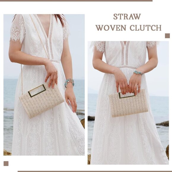 Women Straw Clutch Top Handle Woven Summer Evening Crossbody Bag Purse - Picture 6 of 8